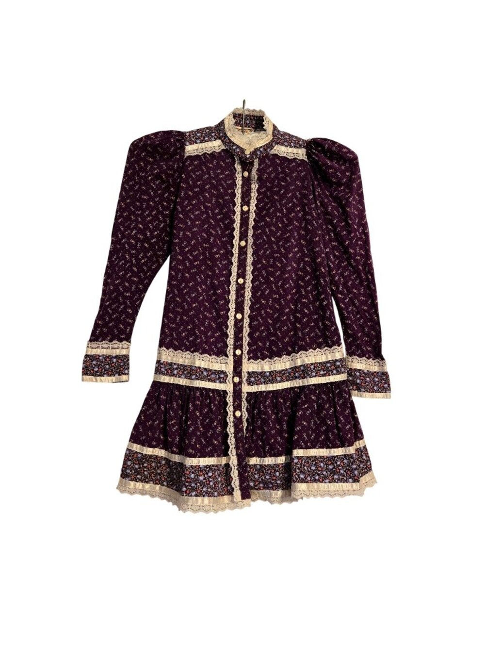 Vintage Gunne Sax Girls Purple Floral Lace Long Sleeve Cotton Prairie Dress 6X